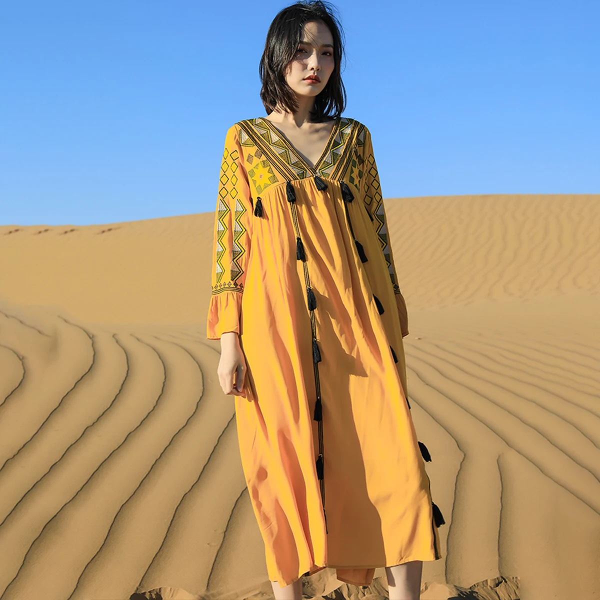 

Jastie Ethnic Style Embroidery Women Dress Retro Tassel Hippie Beach Dresses Loose Seaside Holiday Long Dress 2022 Autumn