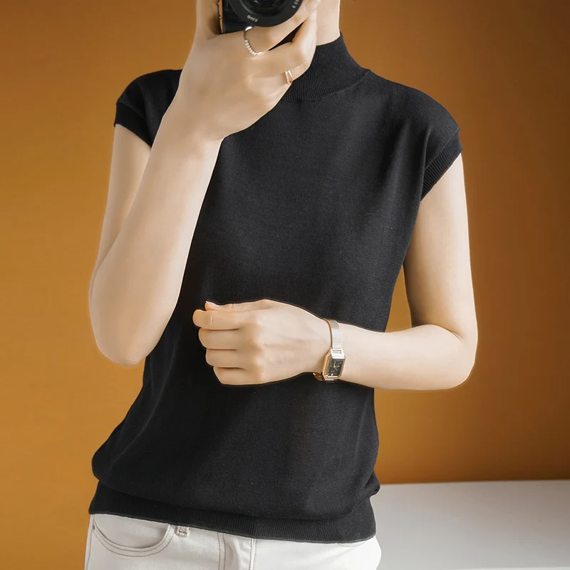 Women Silk Solid Color Tops 2021 Classic Summer Wild T-shirts Female Basic Loose Fashion Turtleneck Sleeveless Chiffon Shirt