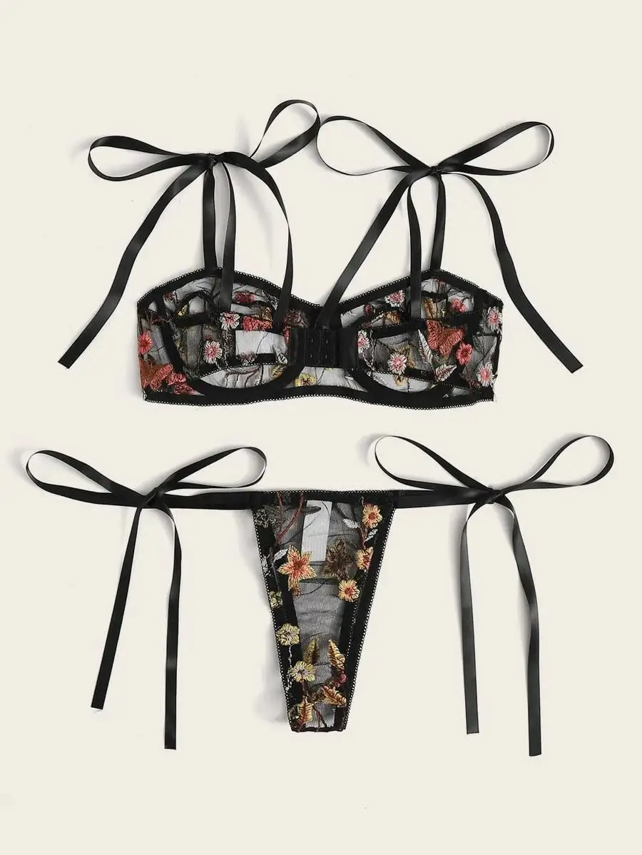 Floral Embroidery Bra & Side Tie Thong Summer black cosplay lace female fun three-point perspective bag pajamas
