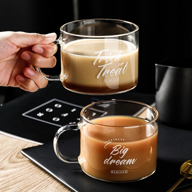 Glass Mug Creative Letter Large Milk Juice Water Coffee Cup With Handle Transparent Mug Dessert Oatmeal Breakfast Cup 500ML