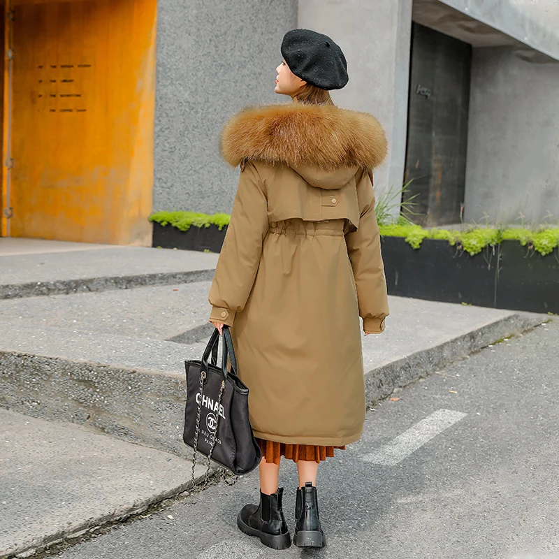 New big fur collar winter jacket thick warm down cotton mid-length outer parka coat women waist large size jacket jacket women