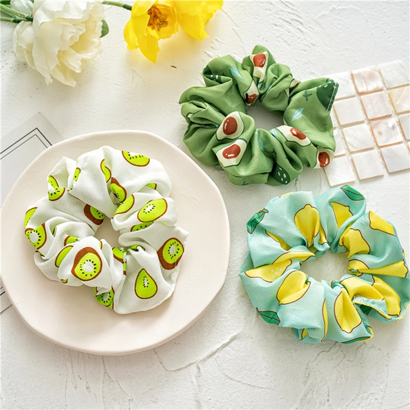 Korea Sweet Cute Avocado Fruit Print Floral Scrunchies For Women Hair Accessories Elastic Hair Rubber Band Hair Rope Hair Ring