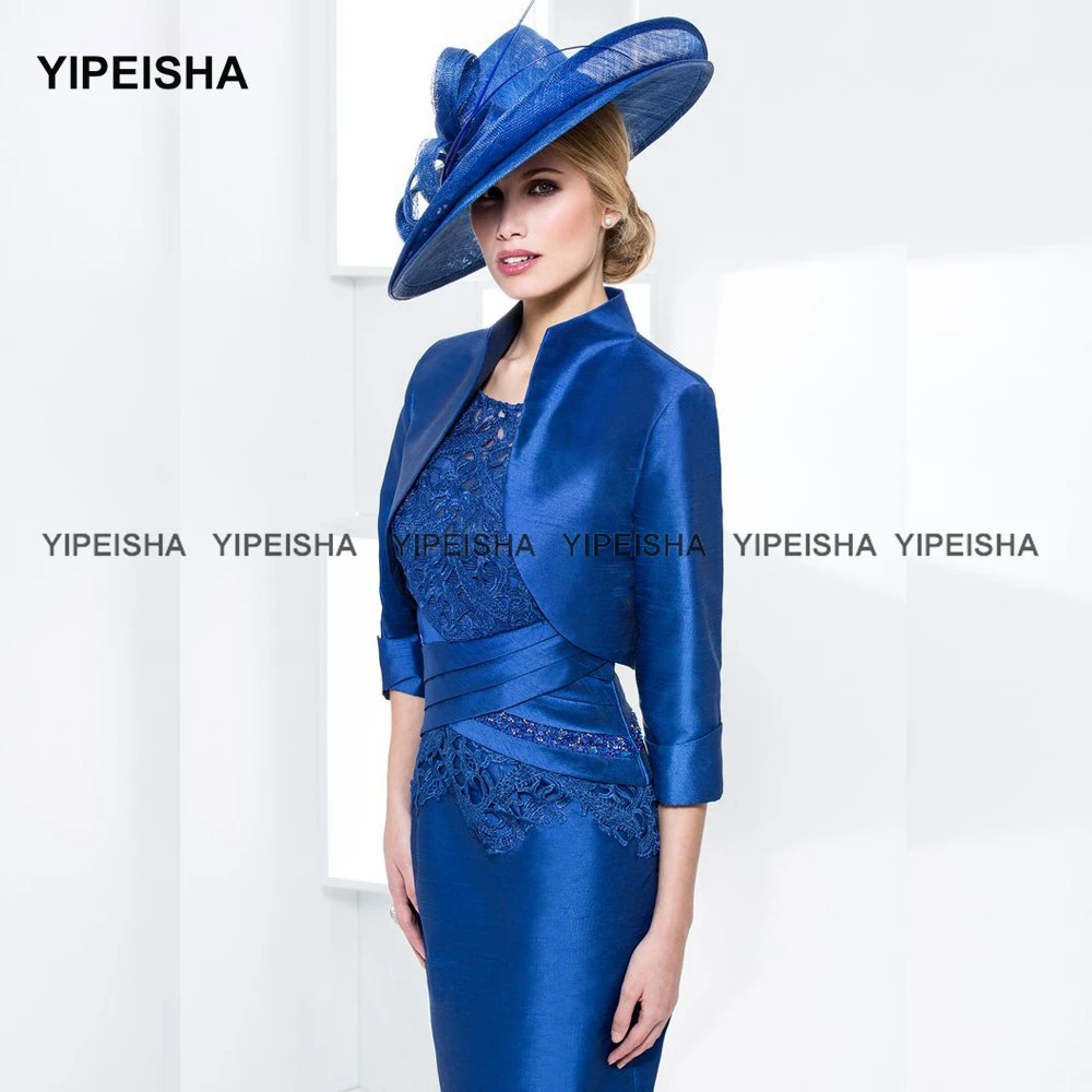 Yipeisha Exquisite Royal Blue Mother of the Bride Dresses With Jacket Scoop Sheath Knee Length Wedding Guest Gowns Plus Size