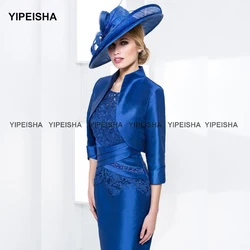 Yipeisha wykwintne Royal Blue sukienki dla matki panny młodej z kurtką Scoop płaszcza kolano długość suknie ślubne gości Plus rozmiar