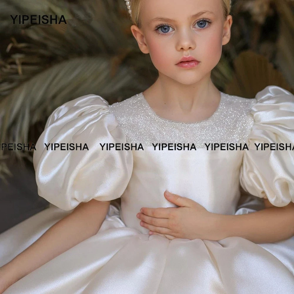 Yipeisha Puffy เจ้าหญิงดอกไม้สาวชุดสีขาวงาช้างสีชมพู Baby First Communion Gown ชุดมินิเด็กวันเกิดปาร์ตี้2021