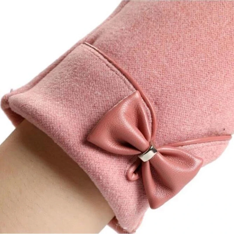 Female Winter Cashmere Plus Velvet Plush Full Finger Cycling Warm Mittens Women PU Leather Bow Touch Screen Driving Glove H80