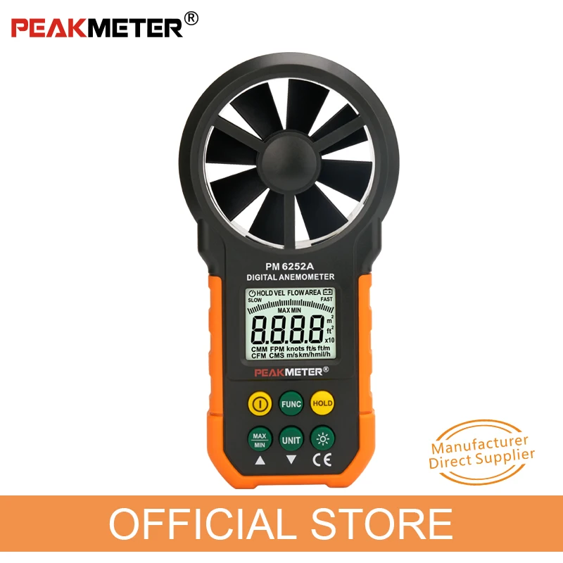 

Цифровой анемометр PEAKMETER PM6252A, измеритель скорости воздуха и объема, с ЖК-дисплеем, 30 м/с