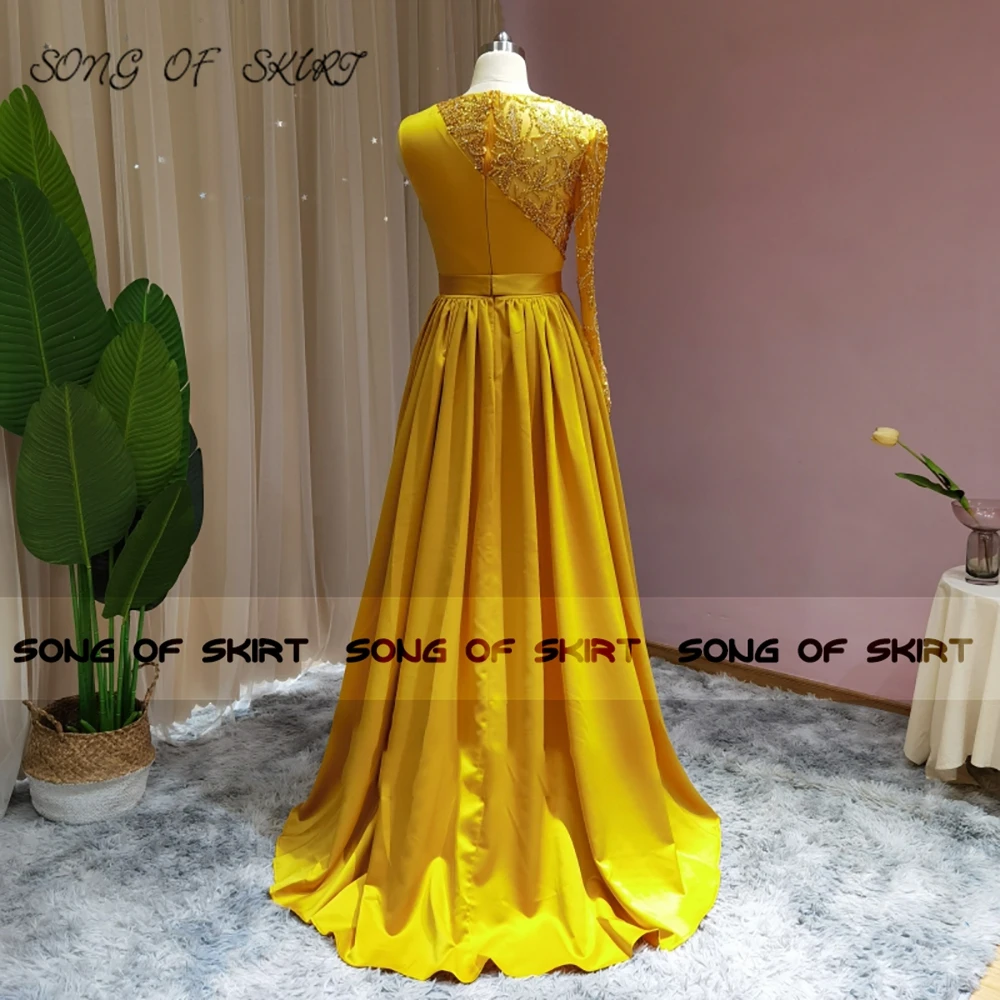 Golden O Neck Evening Dresses Sparkle Beaded  Sequin Satin Dubai Muslim Women Forma Prom Party Gown One Shoulder Robe De Soirée