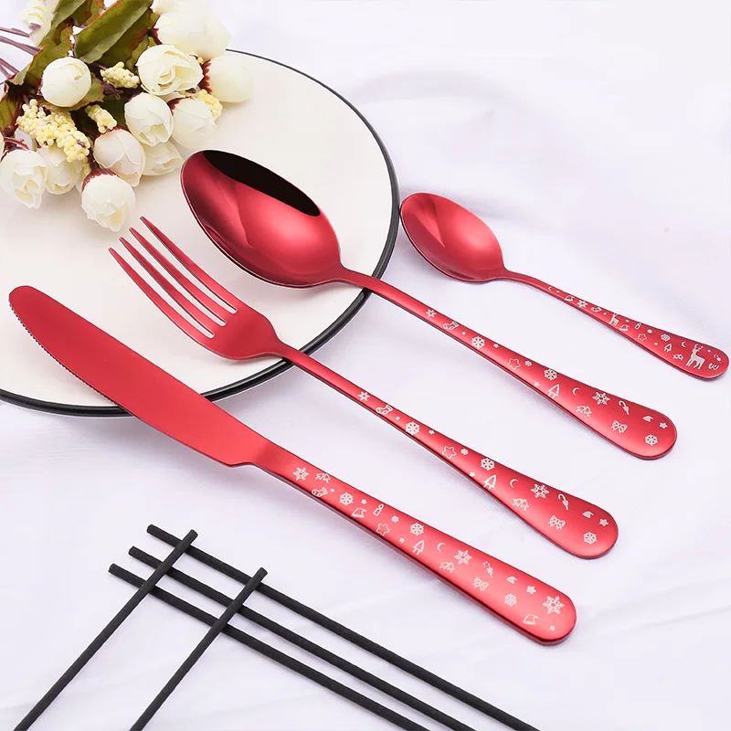 4 Pcs Elegant Christmas Green Dinnerware Stainless Steel Cutlery Knife Fork Spoon Tableware Set Flatware Knives Christmas Gift