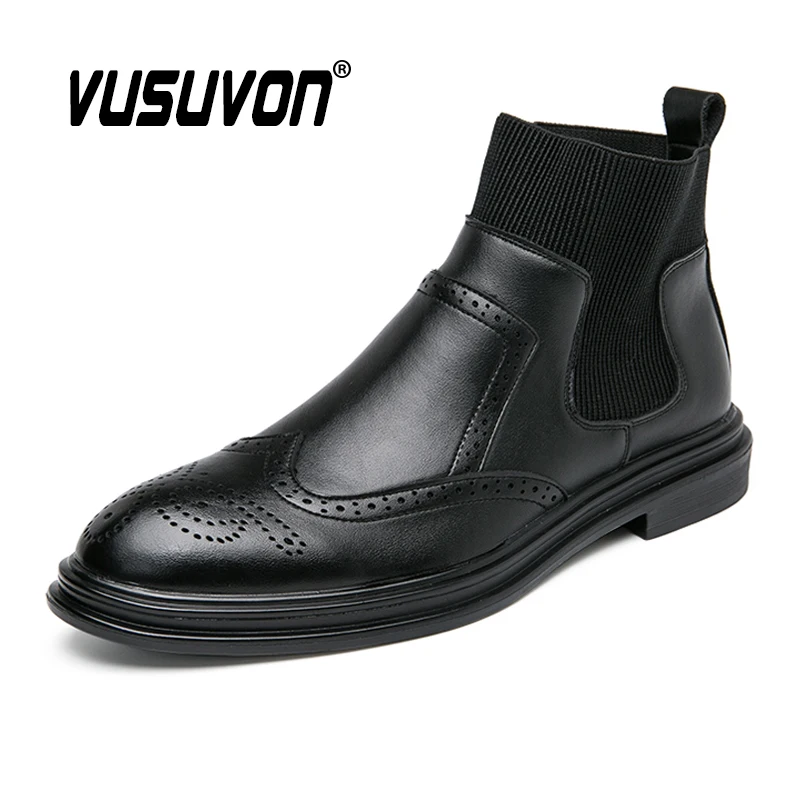 

Italian Men PU Leather Boots British Business Brogue Shoes Male Comfortable Black Ankle Boots Fashion Retro Sock Shoes for Man