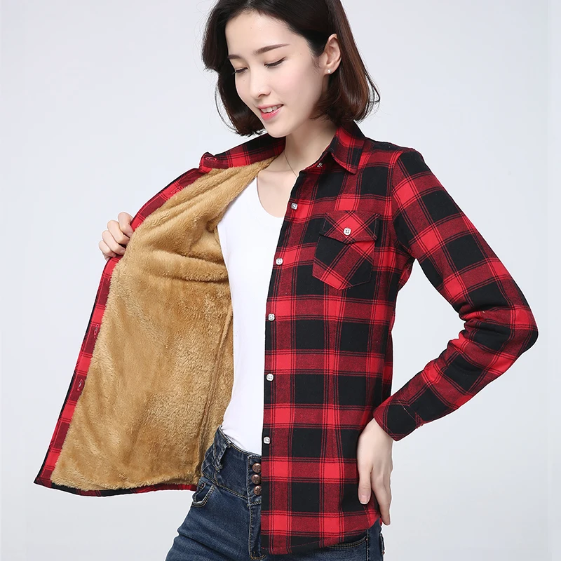 2022 Winter Warm Plaid Coat Women Plus Velvet Thicke Shirt Style Jacket Brand Casual Woman Fleece Tops Female Clothes Outerwear