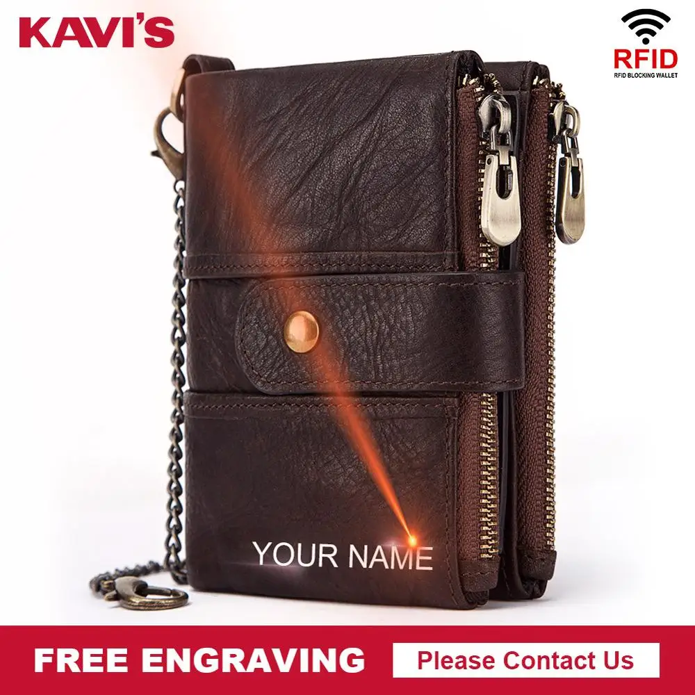 KAVIS Genuine Leather Free Engraving Rfid Wallet Men Crazy Horse Wallets Coin Purse Short Male Money Bag Mini Walet  Quality