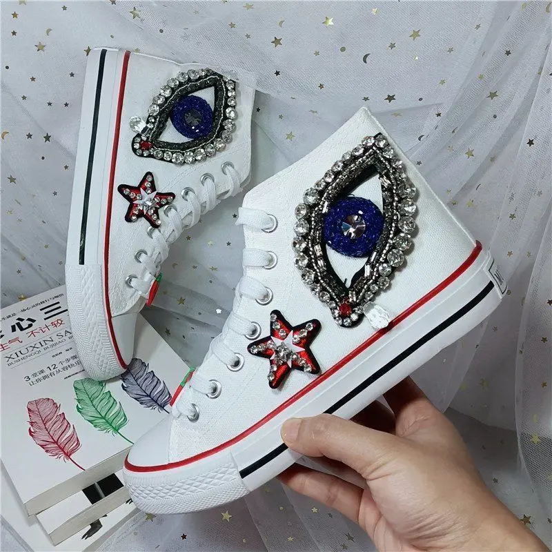 Spring New High Top Canvas Shoes Women\'s Handmade Water Drill Fashion Versatile Flat Bottom Lace Up Casual Shoes