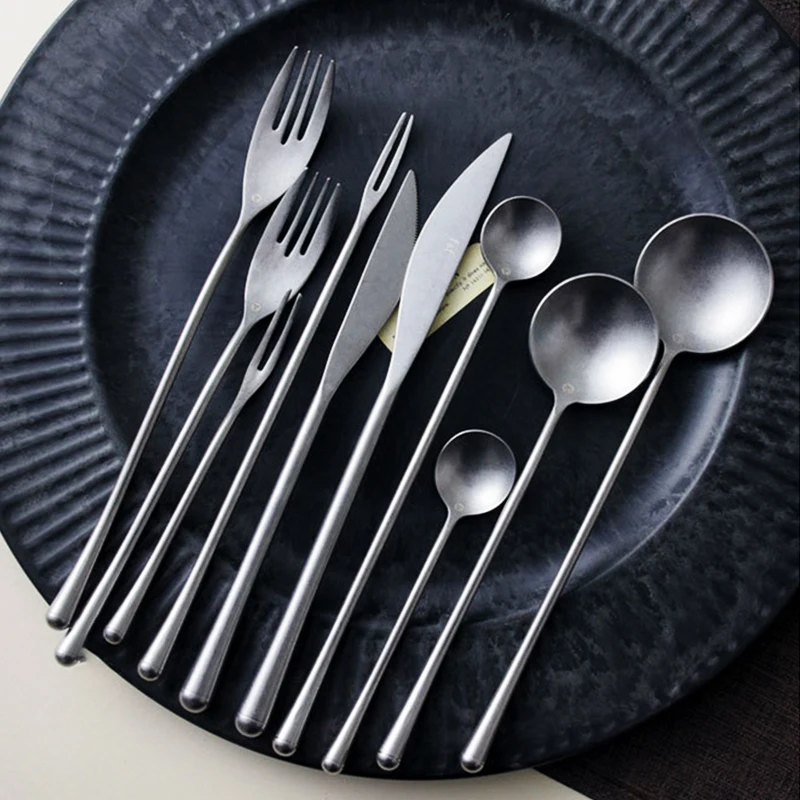 Silver 304 Stainless Steel Western Cutlery Set Retro Dinner Knife Fork Spoon Set Special Forks Coffee Tea Spoon Fruit Fork