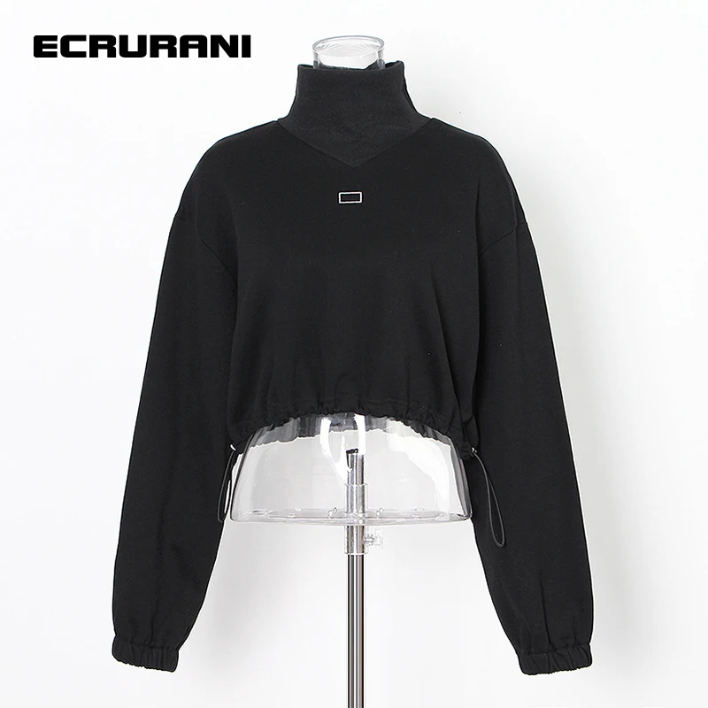 

ECRURANI Patchwork Casual Sweatshirt For Women Stand Collar Long Sleeve Solid Loose Sweatshirts Female Clothing 2021 New Stylish