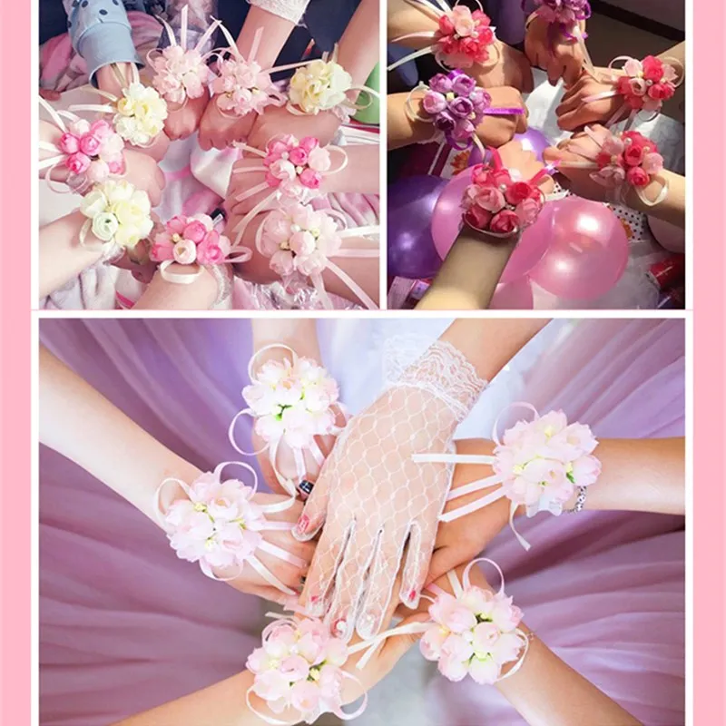 Flores rosas de seda para muñeca para damas de honor, perlas, ramillete, pulseras para novia, boda, matrimonio, mujeres, niñas, adornos para vestido de fiesta de graduación