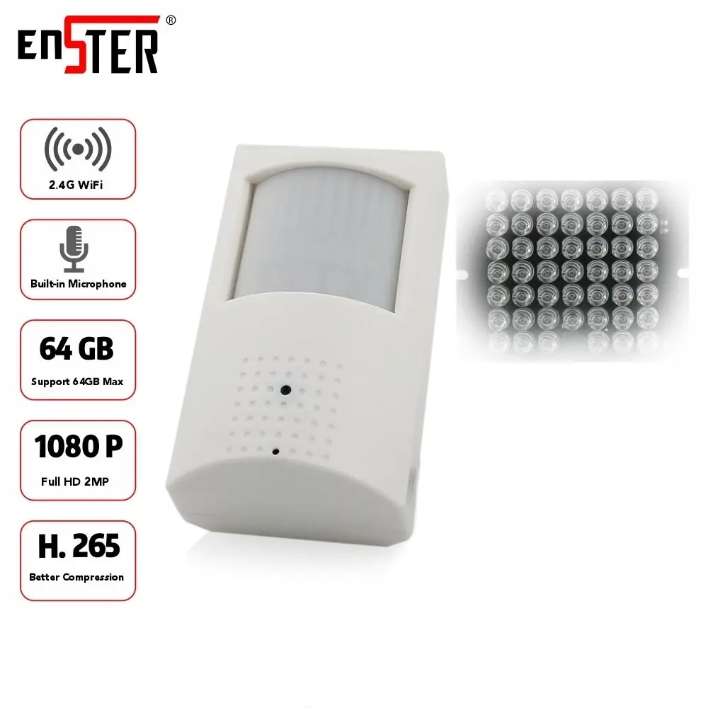 ENSTER Invisible IR LED Covert WiFi Audio IP Camera PIR Cam H.265/H.264 1080P ICSEE P2P Remote View Support 64GB TF Card Max