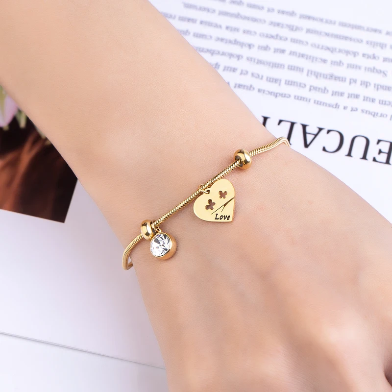 New Crystal and Hollow Butterfly Peach Heart Bracelet Stainless Steel High Quality Gold Color Love Jewelry Woman Bracelet Gift