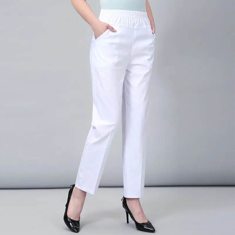 Middle Aged And Old Women Spring White Pants Thin Elastic Waist Straight Pants Mother Ankle-Length Trousers