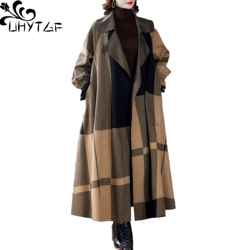 UHYTGF Windbreaker Womens 2022 Cardigan Plaid Long Overcoat Casual Spring Autumn Trench Coat Korean Loose Big Size Outwear 2179