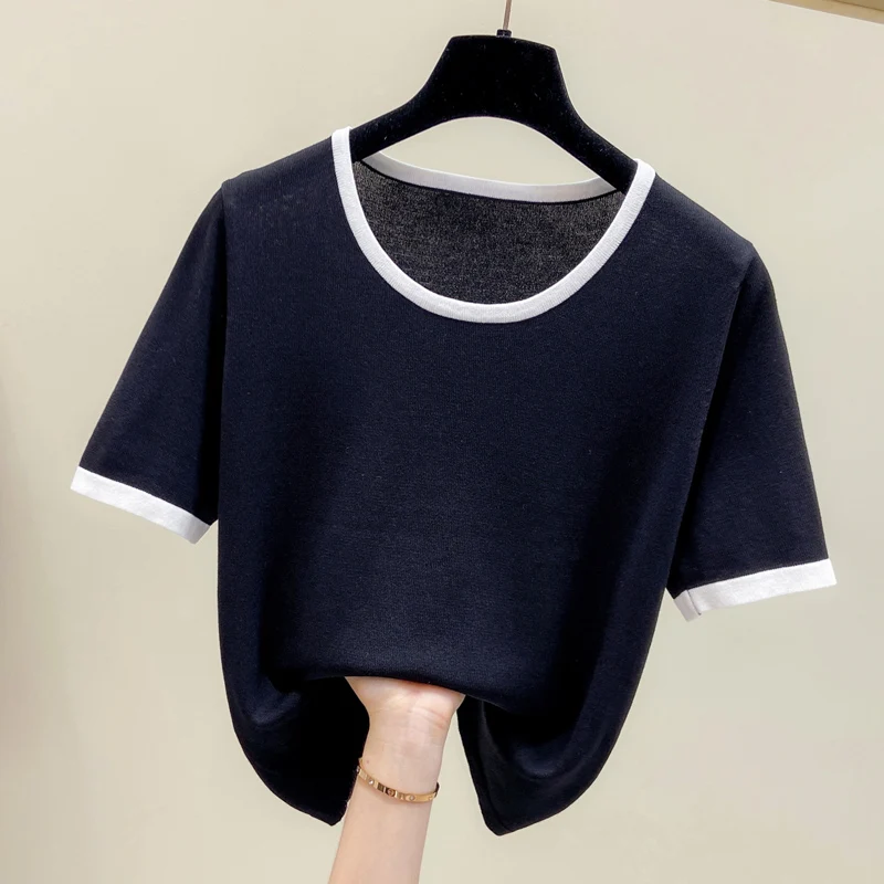 Loose Tops Women Summer Solid Casual O Neck Short Sleeve Female Pullover Knitwear Elegant Chic Sweet Basic Girls Sweater Tees