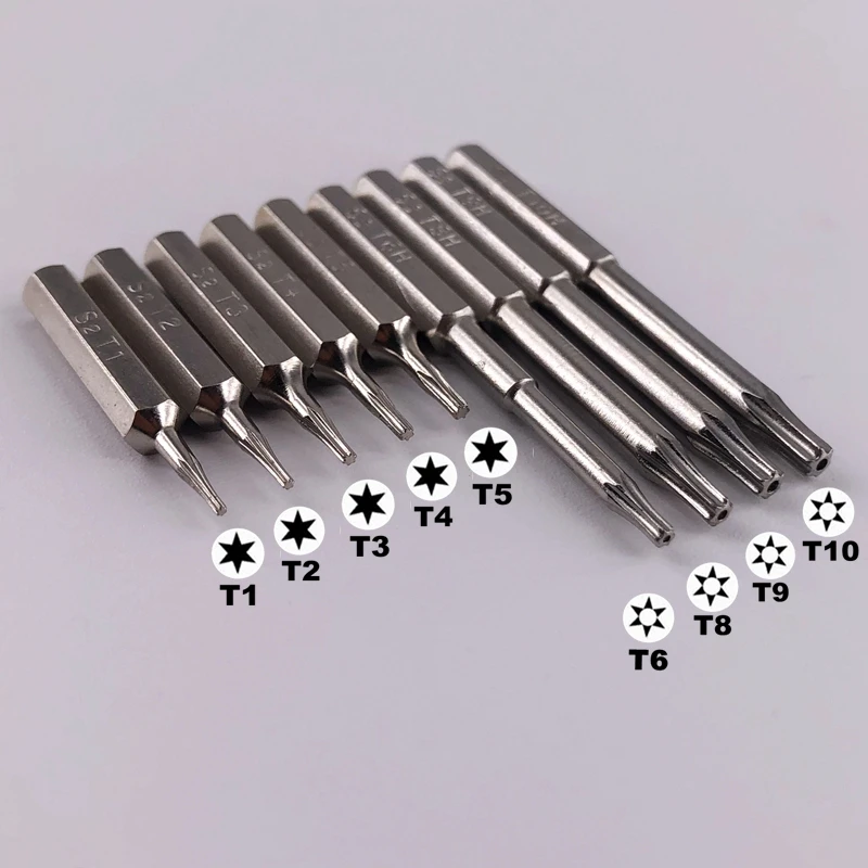 9PCS Torx T1 T2 T3 T4 T5 T6H T8H T9H T10H 28mm&45mmScrewdriver 3/25"(4mm) Bits Mobile Repair Bit Plum Blossoms Repairing Head