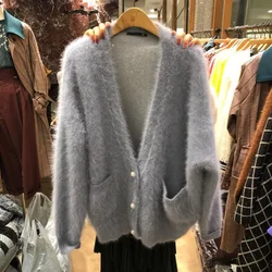 JSXDHK Korean Women Mink Cashmere Cardigan Fashion Autumn Winter Gray V Neck Pearl Button Thick Pocket Loose Sweater Outerwear