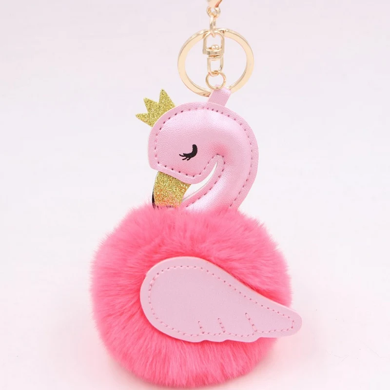Cute Pompom Pink Flamingo Keychain For Women Fluffy Rabbit Fur Ball Swan Key Chain On Bag Car Trinket Wedding Party Girl Gift