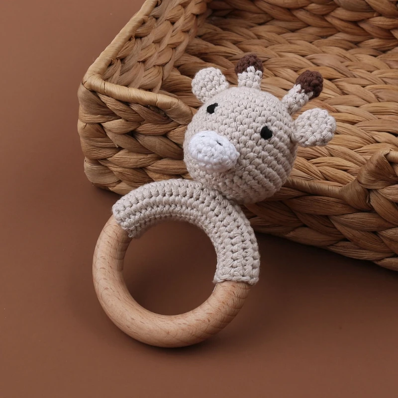 BPA Free Baby Wooden Teether Crochet Cartoon Baby Rattle Toys Wooden Ring Rodent Toys Mobile Gym Kids Newborn Educational Toys