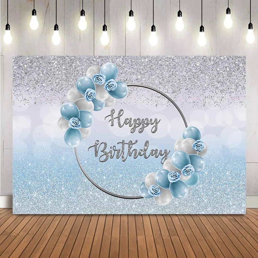 

Grey and blue glitter birthday backdrop sweet 16th girls theme happy birthday photo background newborn kids Dessert table banner