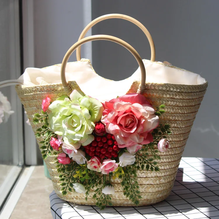 Original Design Women Fashion Summer Rattan Beach Bag Hat Set Multicolor Artificial Flower Weave Straw Tote Handbag Vacation