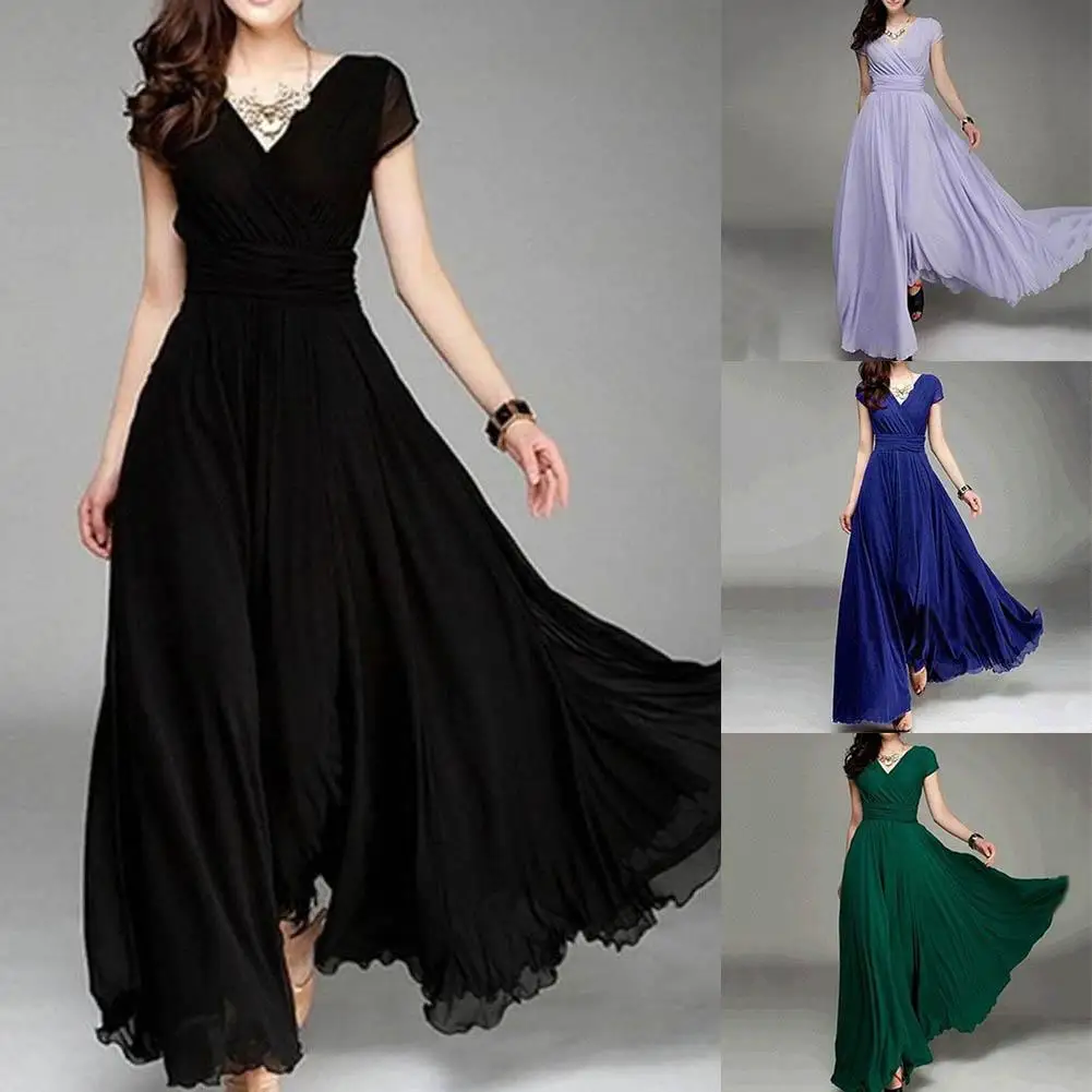 Plus Size Solid Color Elegant Women Dress Wedding Party Gown V Neck Short Sleeve Slims Fit Maxi Dress Sexy Women Dresses Spring