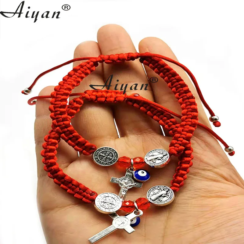 12Pieces Religious 1.0cm Alloy Saint Benedict Cross And Alloy Eyes Woven Bracelets Men Or Women For Prayer To Protection As Gift