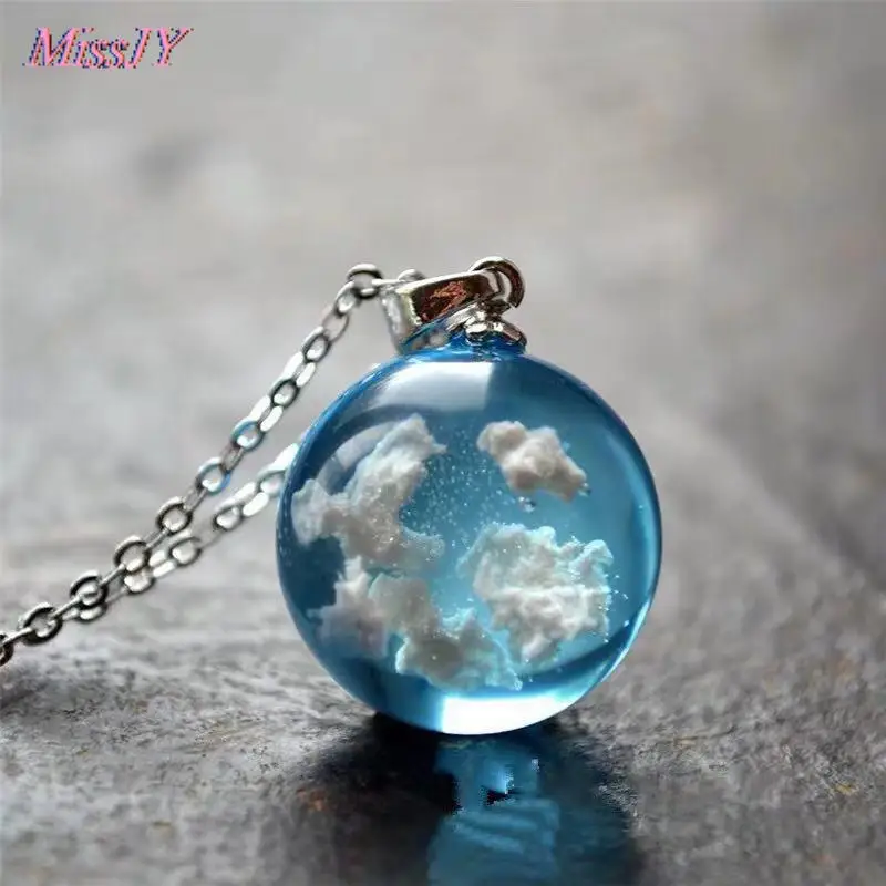 Transparent Resin Rould Ball Moon Pendant Necklace Women Blue Sky White Cloud Chain Necklace Fashion Jewelry