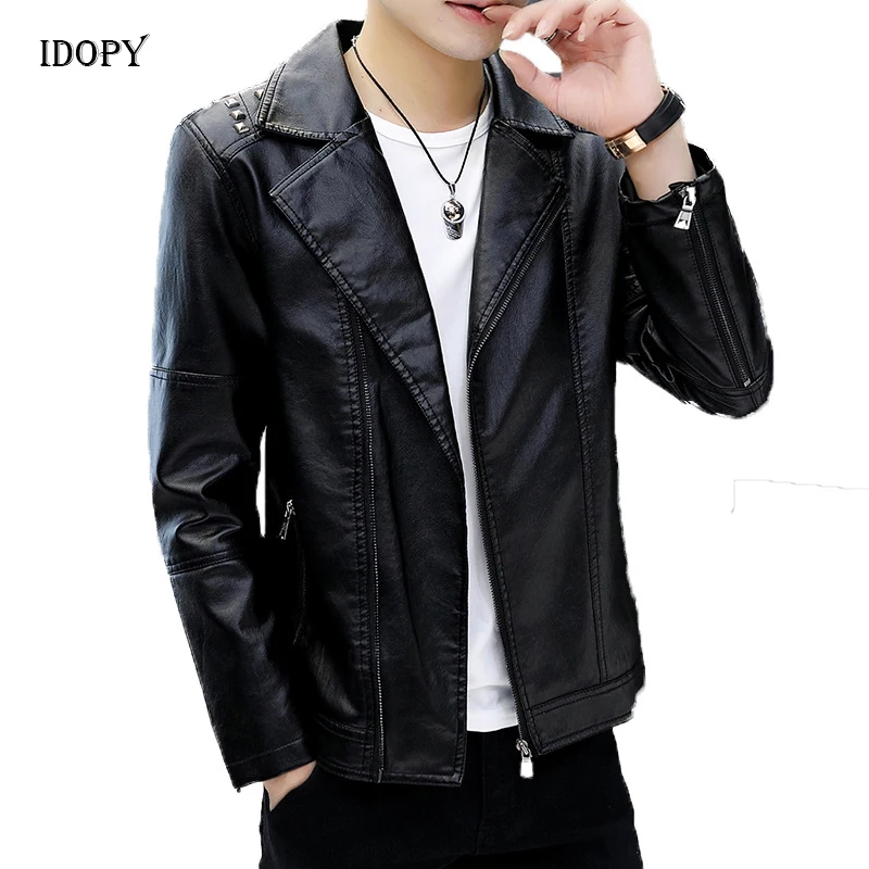 Idopy Winter Men's Faux Leather Jackets Coats Men Rivet PU Leather Studded Vintage Fleece Lined Motorcycle Biker Leather Coat