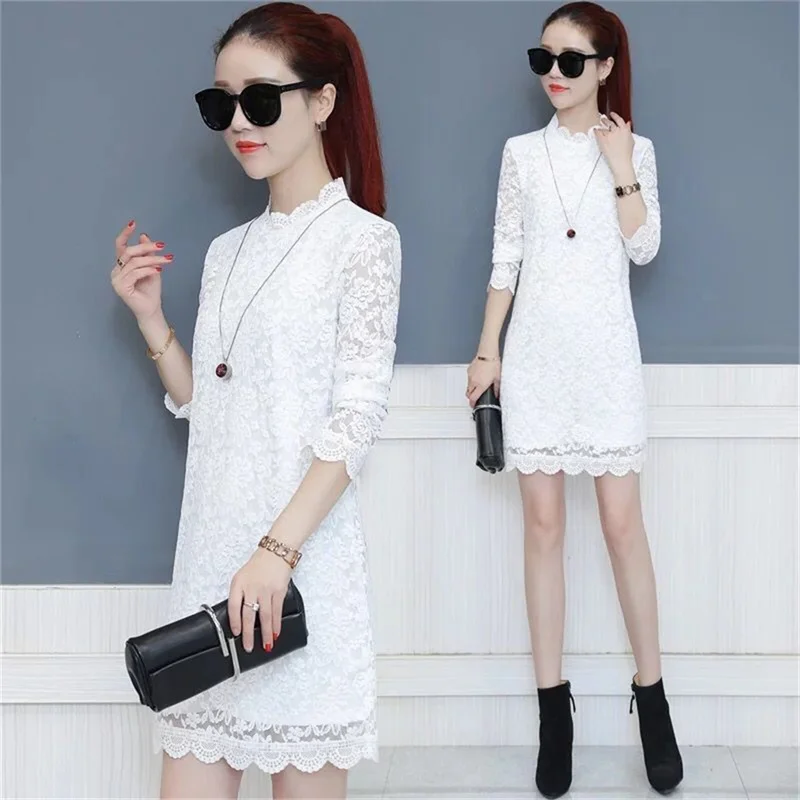 

2023 Women New Lace Pullover Mid-length Dress Autumn And Winter New Grace Fashion White Dress Plus Velvet Tops Black Spring