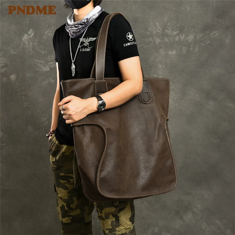 PNDME large capacity vintage genuine leather men\'s tote bag casual simple cowhide oversized shopping shoulder bag luxury handbag