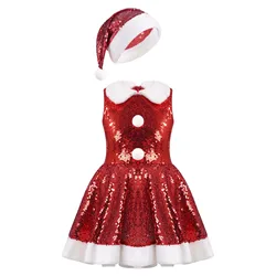 Kids Girls Christmas Xmas Princess Dress Shiny Sequins Tutu with Hat Children New Year Birthday Party Stage Performance Red Gown