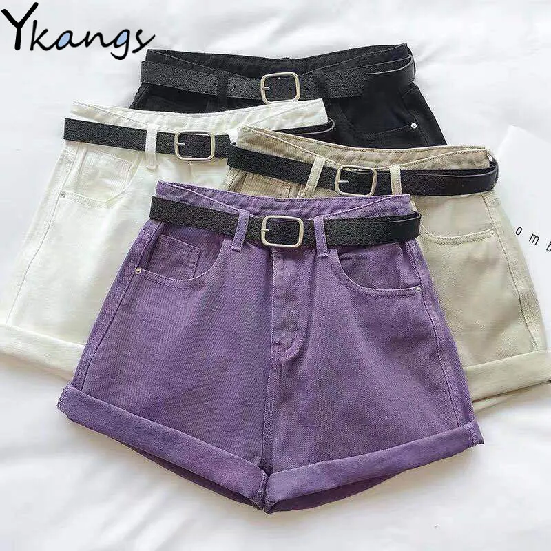 Women Purple Denim Shorts with Belt Classic Black Vintage High Waist Wide Leg Female Caual Summer Ladies 2020 Loose Shorts Jeans