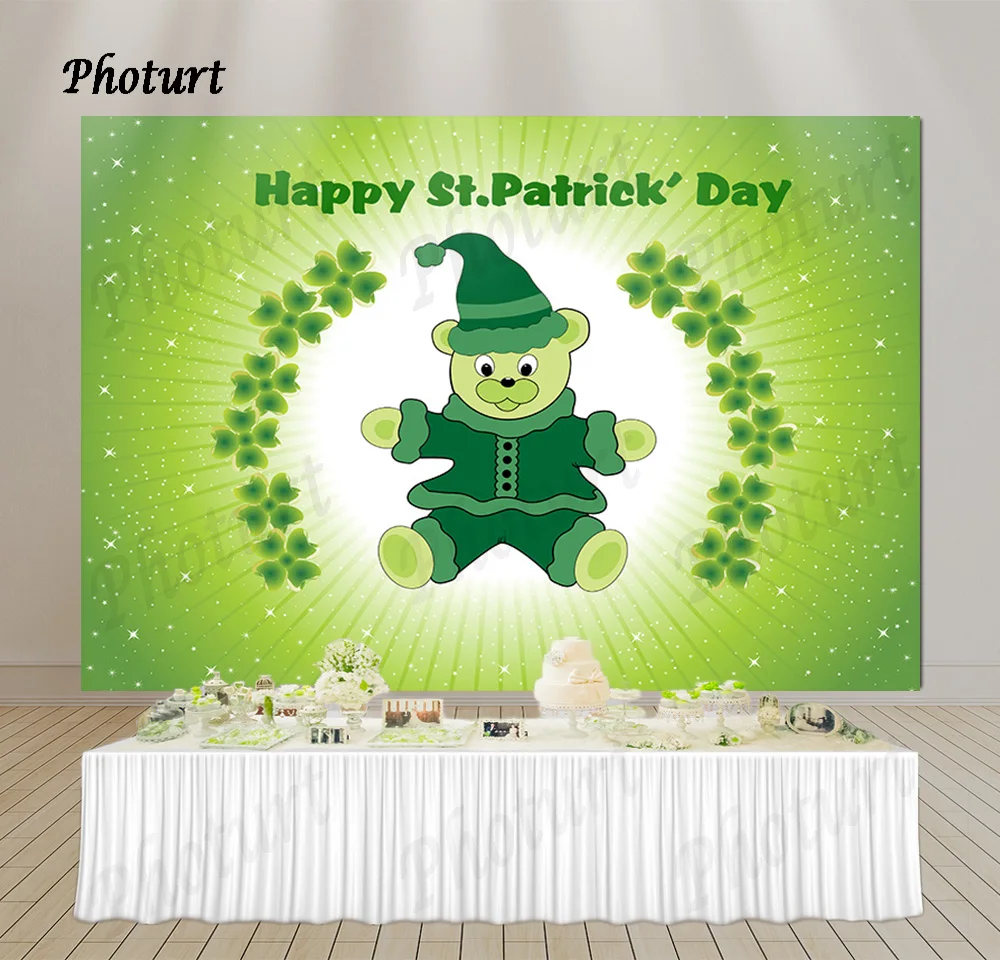 PHOTURT Happy St. Patrick's Day Backdrop Festival Decoration Photography Background Green Bear Vinyl Polyester Banner Props