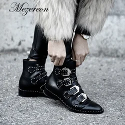 Mulheres botas de tornozelo couro real rebites fivela punk botas mulher cravejado gótico designer sapatos senhoras botas mujer mais tamanho 44