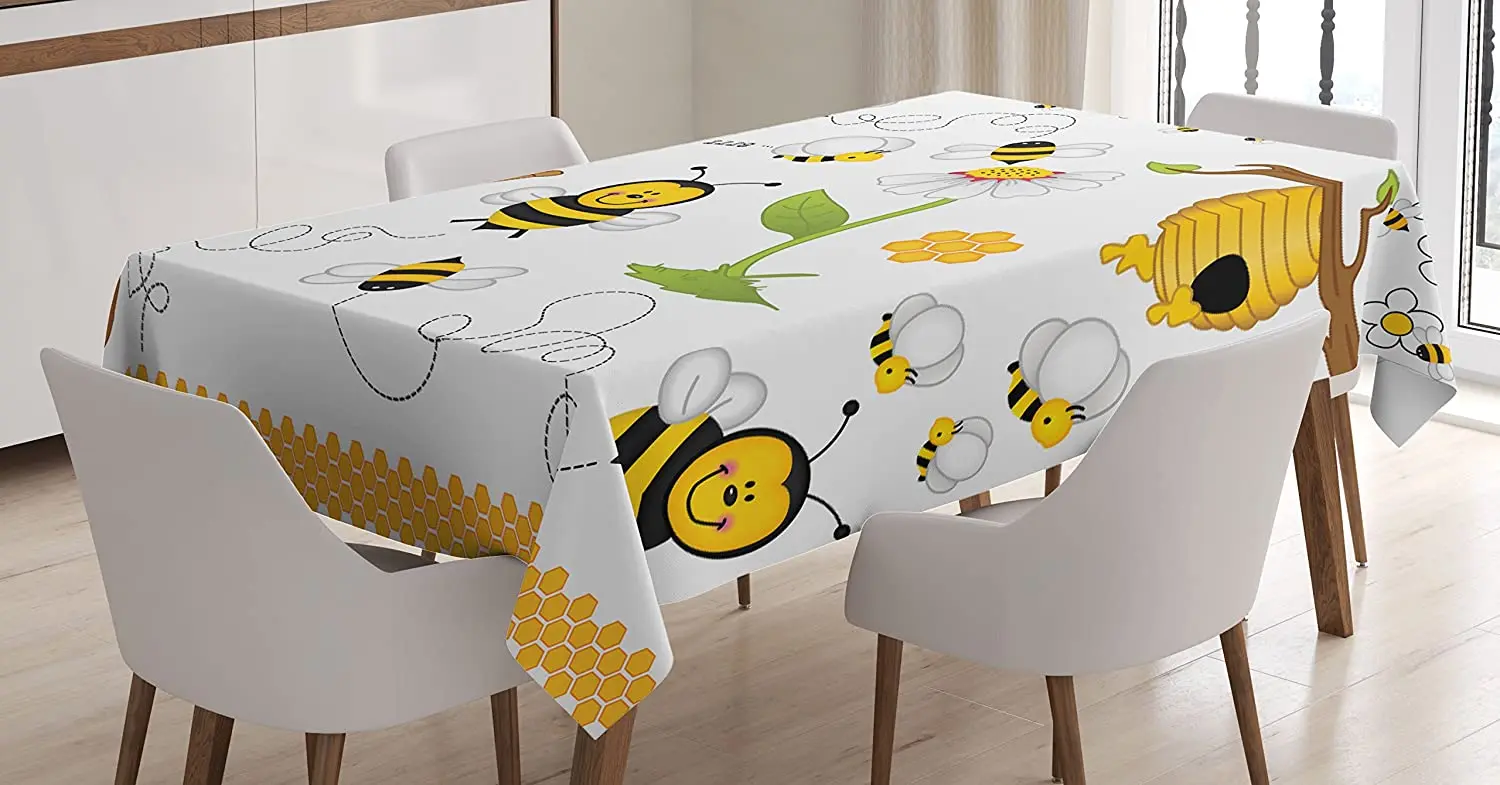 Flying Bees Daisy Honey Chamomile Flowers Pollen Springtime Animal Print Custom Table Cover for Dining Room Kitchen Decor