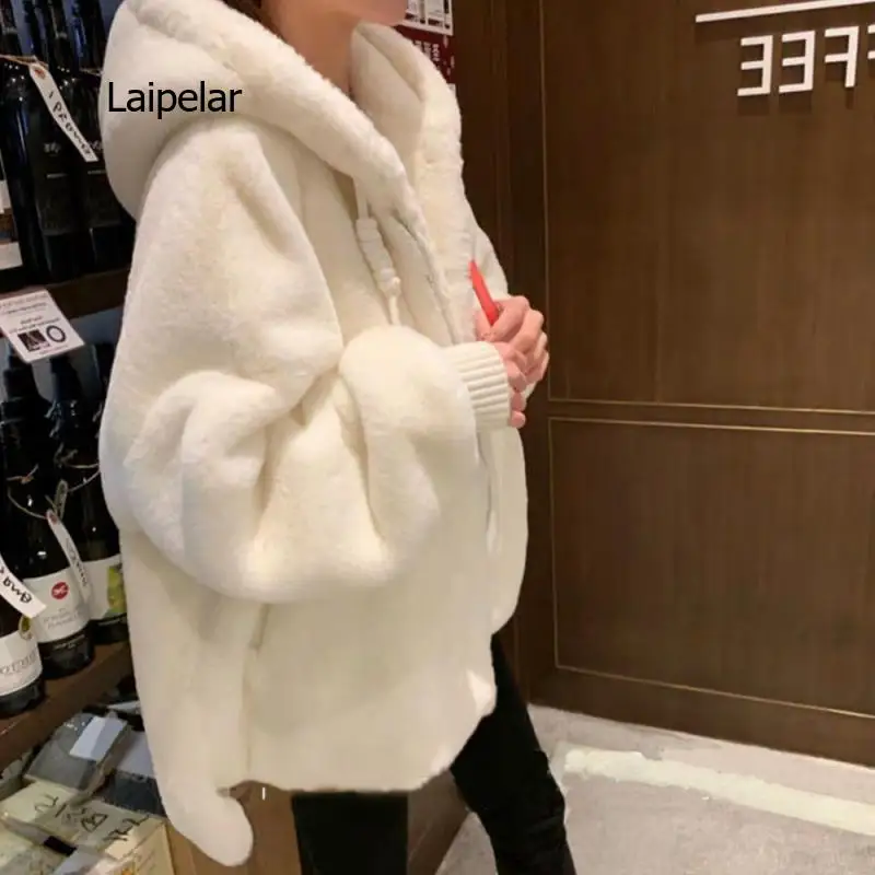 Women Hooded Plush Loose Jacket Oversized Faux Rabbit Fur Coat Young Students White Zipper Plush Jacket Autumn Winter