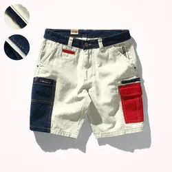 2021 Summer New Tooling Shorts Men's Fashion Contrast Stitching Multi-pocket Woven Washed Heavy Weight Casual Knee Length Pants