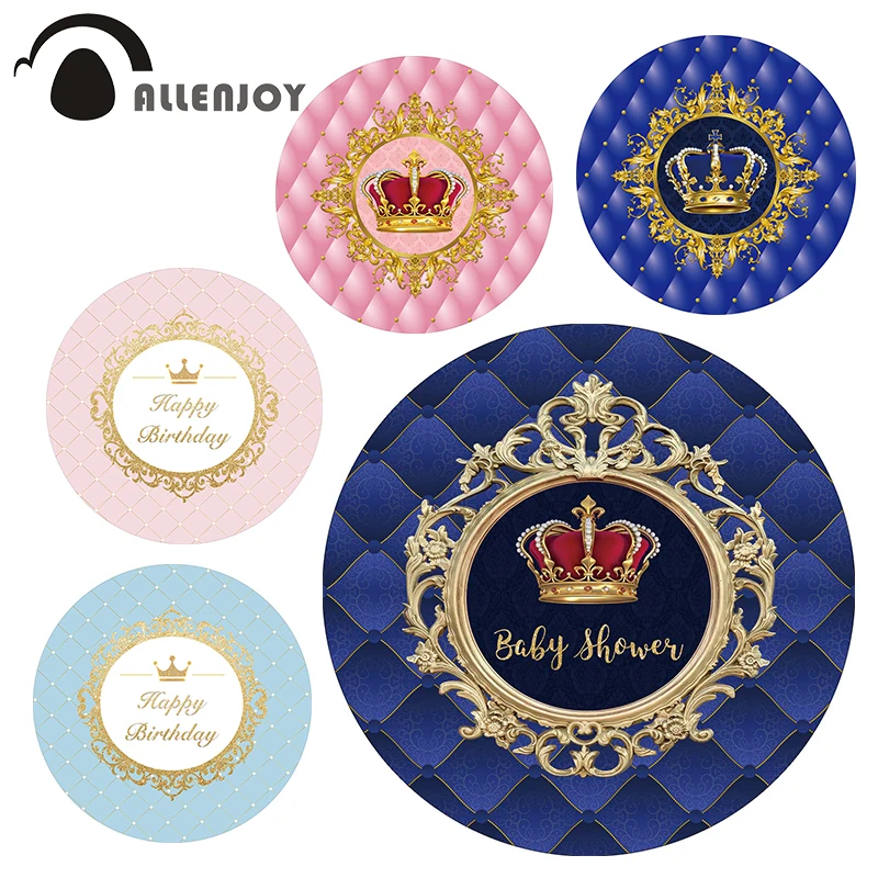 

Allenjoy prince princess baby shower circle backdrop cover round cover Crown Royal blue birthday party background photobooth