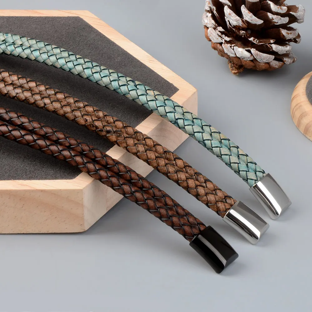 Genuine Leather Double Rope Braid Bracelet For Men Multicolor Choice Stainless Steel Magnetic Clasps Bracelets Men Jewelry