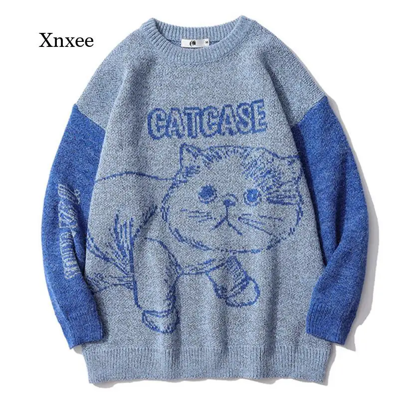 

Men Cat Print Sweaters Fashion Pullovers Letters Tops Streetwear Oversized Harajuku Crew Neck Knitwear Women Couples Clothing