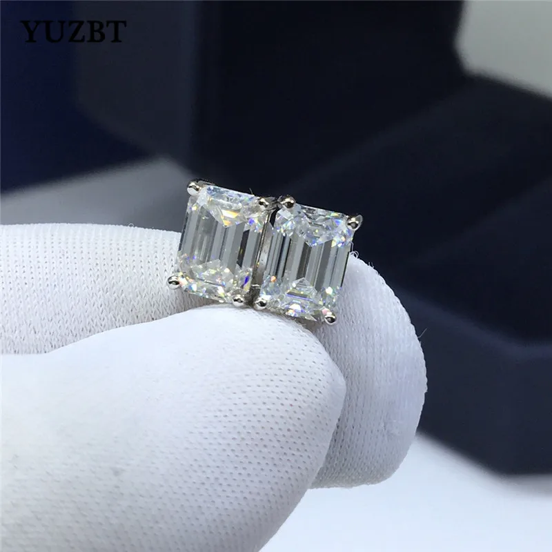 YUZBT 10K White Gold PT950 Platinum Total 2-4 ct Emerald Cut Diamond Tester Past D Color Moissanite Stud Earrings for Female