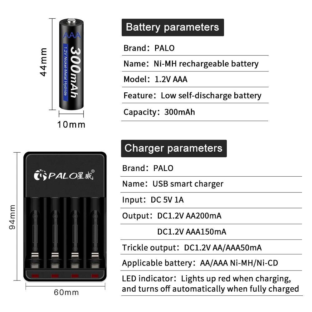 PALO 1.2v AAA 300mah Rechargeable Battery + LED Smart Charger for 1.2v Nimh Nicd AA AAA Rechargeable Battery