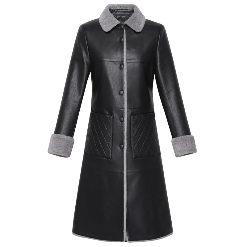 High Quality Autumn Winter Leather Jacket Women Add Velvet Thick Warm Overcoat Faux Sheepskin Coat Female 6XL Long Outerwear